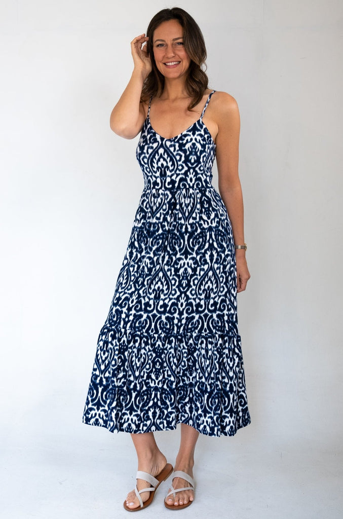 blue patterned sleeveless maxi dress