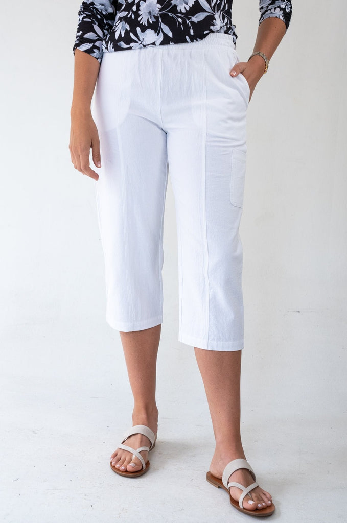 White Cargo Capri Pant with Elastic Waist