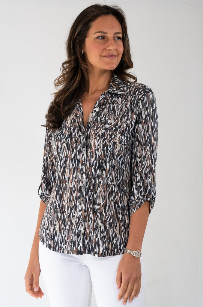 Long Sleeve Collared Brown Patterned Top