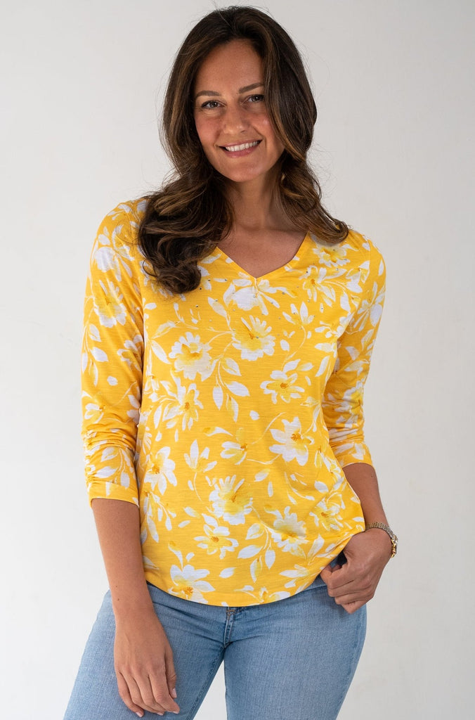 V-Neck Long Sleeve Yellow Floral Pattern Top