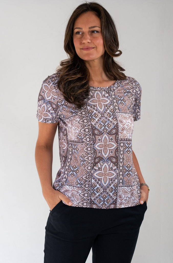 Short sleeve top with brown and tan patchwork