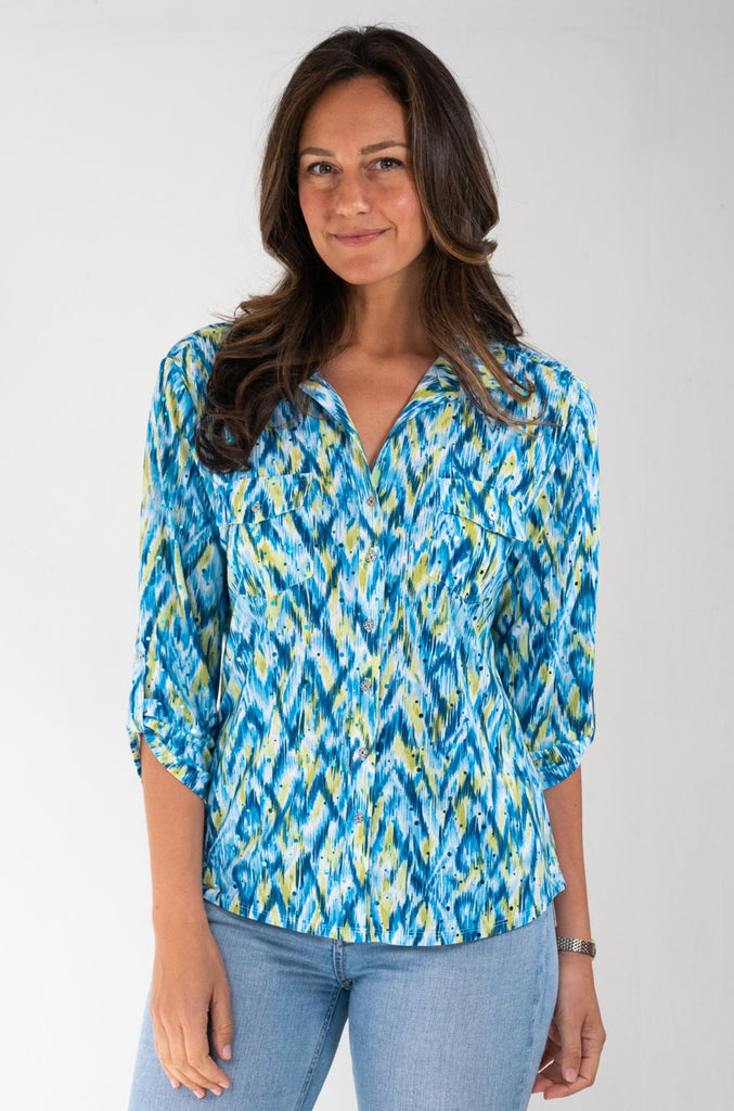 Blue and Green Patterned Button Down Top 